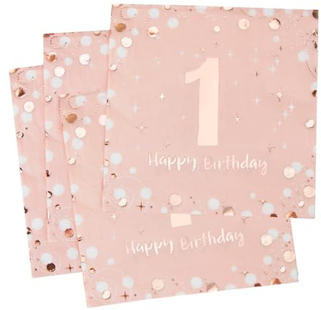 Servietten zum Geburtstag, 1 Jahr, Rosa, Gold, Dekoration, Geburtstag, Cocktailservietten, 1 Happy Birthday, für Party, Geburtstag, Urlaub, Feier, 3 Falten, 33 x 33 cm, 30 Stück