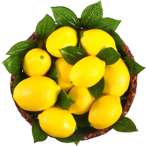Solsew 24 Pack Fake Lemons Artificial Fruits with 24 Pack Leaves Faux Yellow Lifelike Simulation Lemons Decor Realistic Fruits for Home Kitchen Table Cabinet Holiday Party Photography Props
