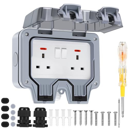 WOFKNIF Double Outdoor Socket Waterproof Socket, Outside Plug Socket IP66 13Amp 2 Gang Switched Socket Cover, Wall Electrical Outlet Socket Box…