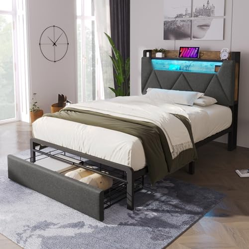 Bett 90x200 Einzelbett Polsterbett Bett mit stauraum mit USB Typ C Ladefunktion Stauraum Kopfteil und LED Beleuchtung und Schubladen, mit Lattenrost aus Metallrahmen, Grau(Ohne Matratze)