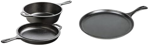 Lodge Pre-Seasoned Cast Iron Combo Cooker. Dutch Oven Pot, Skillet with Lid, Induction, Oven, Grill & L9OG3 26.67 cm / 10.5 inch Pre-Seasoned Cast Iron Round Griddle/Pancake Pan, Black