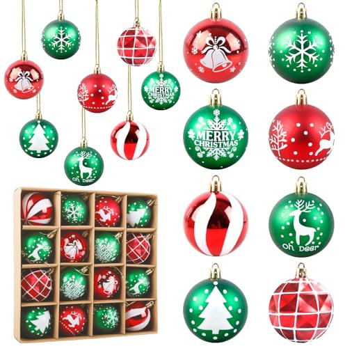 Aitsite 16 Stück Christbaumkugeln Rot Grün, 6CM Weihnachtskugeln Kunststoff mit Aufhängen Bruchsicher Ornamente Weihnachtsbaum Kugeln Weihnachtsbaumschmuck für Weihnachtsdeko Innen Aussen
