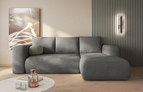 Sofa mit Schlaffunktion und Bettkasten - Ecksofa fur 3 Personen - LAMBI - Bequem Schlafsofa - L-Form - Modern Couch 266x164x89 cm - Ecke Rechts - Grau - MODERNO