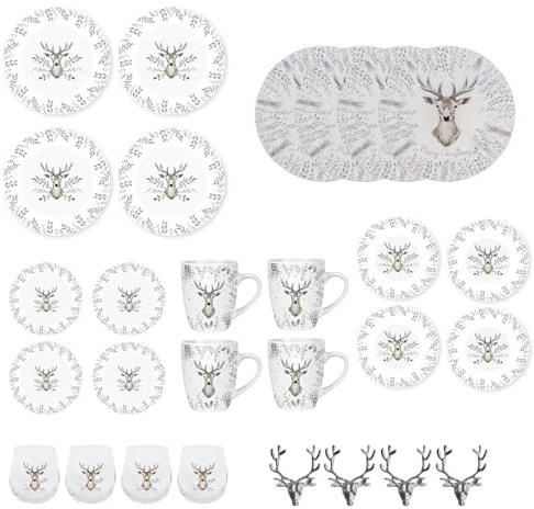 YöL Christmas Tableware Set For 4 Silver Stag Design Festive Table Decoration Dinner Plate, Side Plate, Bowls, Mugs, Drinking Glasses, Napkin Rings - 28pc