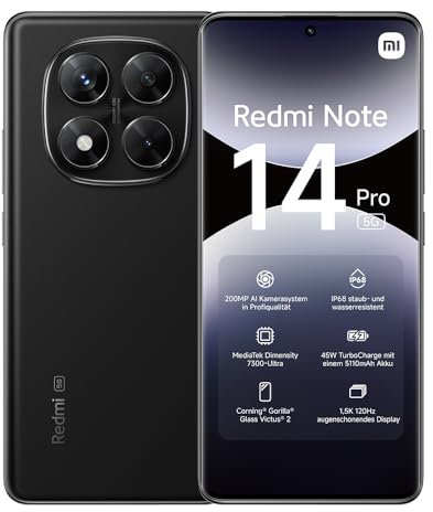 Xiaomi Redmi Note 14 Pro 5G smartphone, 8+256GB, Black, 200MP pro-grade AI camera, IP68, 45W turbo charging with 5110mAh battery, AI features (no charger included), 2 year Warranty
