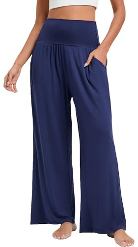 Stamain Womens Wide Leg Trousers Navy Blue Stretch Elasticated Ladies Palazzo Trousers Summer Loose Beach Lounge Pants 2XL
