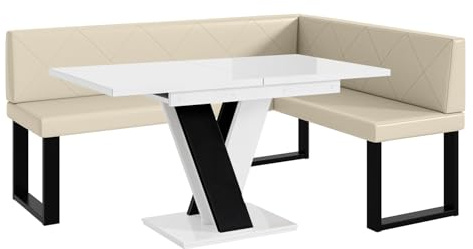 MEBLINI Eckbank für Esszimmer mit ausziehbarem Tisch - Küchenbank - Essecke - Sitzecke Küche - ERIC - U-Beine 128x168x87cm Rechts - Creme Kunstleder/M Weiß-Schwarz Hochgl.