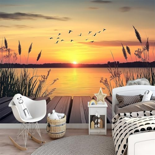 Wallpaper Carta Da Parati Murale Fotografia tramonto acqua di mare 200 x 140 cm Fotomurali Sfondo Murale Moda Decorazione Soggiorno Camera De Letto Sala Ufficio