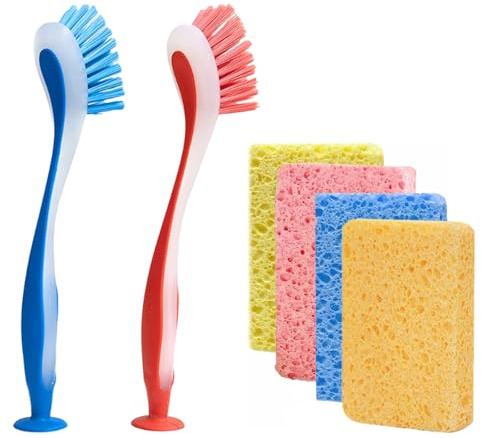 PGKDYC 4PCS Dish Sponges & 2PCS Dish Brushes Set | Cellulose Cleaning Sponges & Ergonomic Kitchen Brushes | Multi-Purpose for Washing Up, Pots, Pans, Sinks & Car Interiors