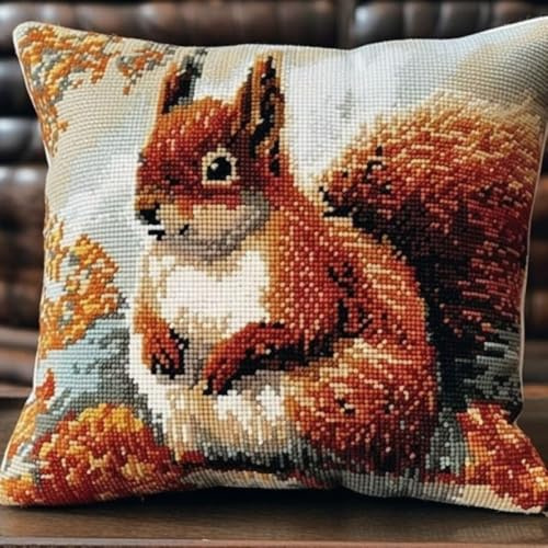 Kitquiver Cushion Making Kit Cartoon Squirrel Animal Latch Hook Kit for Adults Beginners Embroidery Crochet Set DIY Throw Pillow Covers Kits B 17x17In