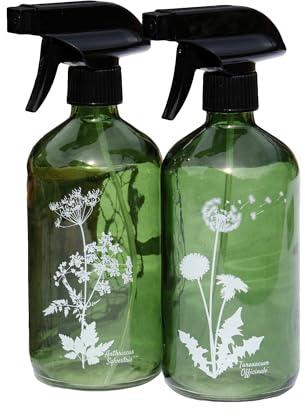 Darthome Set Of 2 Wildflower Glass Spray Bottles 500ml Flower Plant Mister Atomisers (Green)