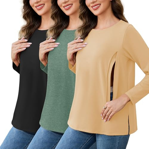 Love2Mi Lot de 3 t-shirts d'allaitement pour femme avec fermeture éclair, XL