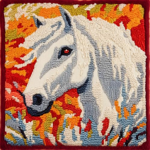 Kitquiver Knüpfkissen Mit Vordruck Pferd Tier Knüpfhäkel-Set,Kissen,Diy-Teppich,Häkelnadel,Kissenherstellungs-Sets Mit Vorgedrucktem Muster Auf Leinwand 17x17In