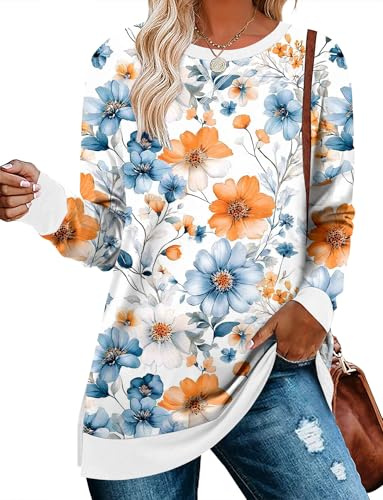BETTE BOUTIK ladies long tops crewneck long sleeves t shirts tunic length women sweatshirt funny oversized tunic cotton sweatshirts Yellow Hibiscus XX-Large