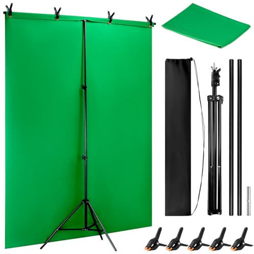 QWORK® Fondo de Pantalla Verde de 1.5 x 2 m con Soporte, Soporte Ajustable para Fondo fotográfico, con 5 Abrazaderas, para fotografía y vídeos en Directo