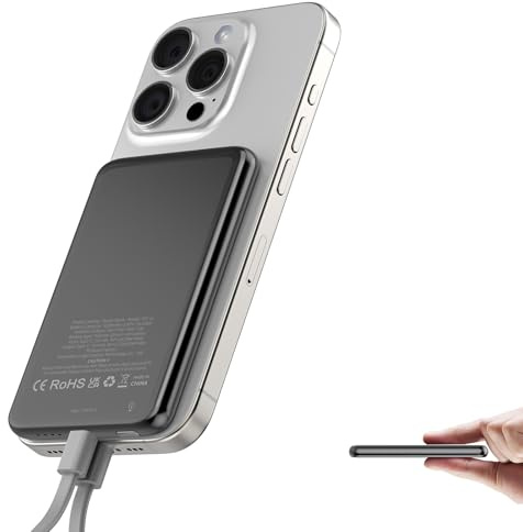 Ultra Slim Power Bank für Magsafe, Magnetische Power Bank, 5000mAh Powerbank 20W PD Wireless Schnellladung, Tragbares Ladegerät Ladekabel USB C, Externe Handyakku für iPhone 17/16/15/14/13/12 Series