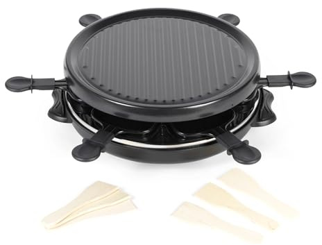 Giles & Posner Raclette Grill de Mesa – Parrilla Eléctrica de 800W con 6 Sartenes Antiadherentes, 6 Espátulas de Madera, Placa Extraíble de 29x29cm, Temperatura Ajustable, Asar y Servir en la Mesa