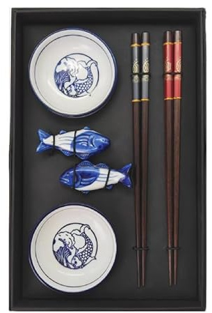 2 Pairs Chopstick Set with Fish Design Ceramic Dishes, Premium Chopstics with Holders, Quality Gift Set