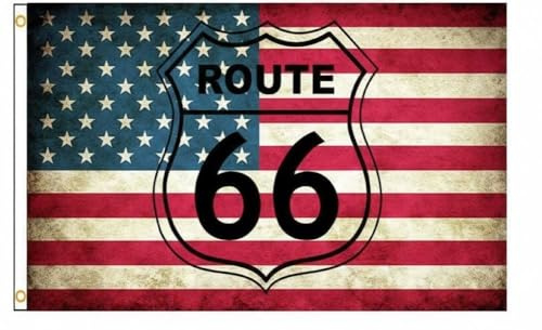 Drapeau Route 66 avec Drapeau Américain, Design Vintage, 150 x 90 cm, Décoration Moto Bikers avec 2 oeillets métalliques