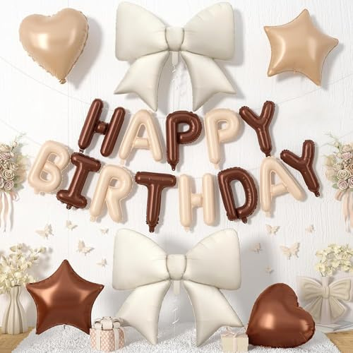 Koboko Schleifen Deko Happy Birthday Ballon Beige, 7 Stk Happy Birthday Luftballon Braun, Ballons Beige Schleifen Deko Geburtstag, Schleife Stern Herz Luftballon Geburtstag für Babyparty Hochzeit Deko