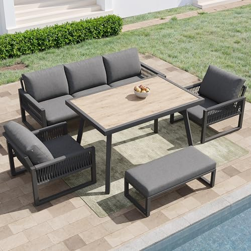 Huayz Set di mobili da giardino in corda, terrazze resistenti alle intemperie, 5 pezzi, 1 divano a tre posti, 2 divani singoli, 1 sgabello, 1 tavolo, mobili da terrazza, tutti i cuscini inclusi