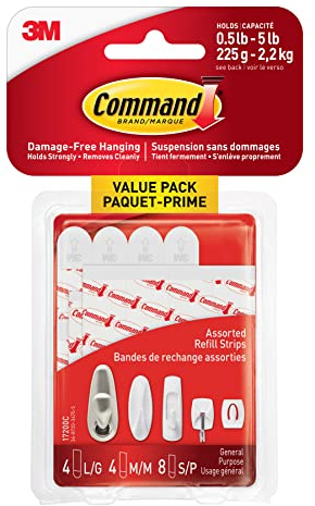 Command Assorted Refill Strips, White, 8 Small 4 Medium 4 Large Strips