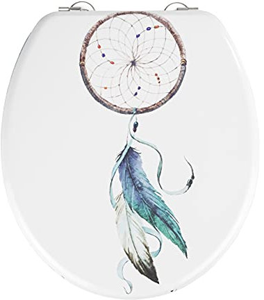 WENKO WC-Sitz Traumfänger, Toilettensitz mit spirituellem Flair, WC-Deckel inkl. Wandpuffer und rostfreier Edelstahlbefestigung, Toilettenbrille aus MDF, 37 x 41 cm, FSC® Zertifiziert, Mehrfarbig