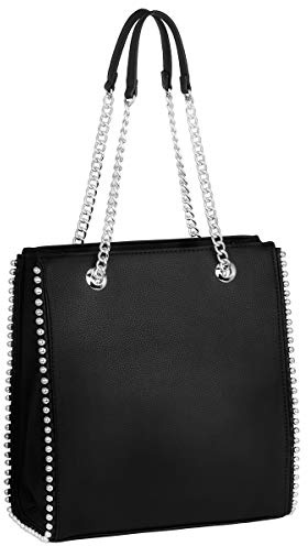 CRAZYCHIC - Sac à Main Porté Epaule Chaînes - Shopper Clous Billes Perles Métal Argenté Femme - Cabas Fourre-Tout Rectangle Cuir PU Taille Moyenne - Ville Shopping Mode Tendance Chic - Noir