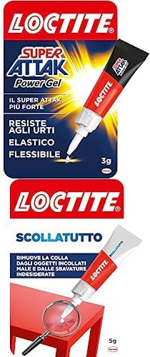 Pacchetto di Loctite Super Attak Power Flex, Colla istantanea in formula gel, 1x3g + Loctite Scollatutto, Rimuovi colla in tubetto per tutte le superfici, etichette e residui adesivi, 1x5g