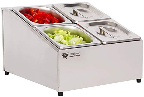 Beeketal 'BGN4-Duo' Edelstahl GN Aufsatzboard für 4 Gastronorm Behälter (zweireihig), Gastro Zutatenbehälter inkl. 4 Stück (GN) 1/6 Behälter mit Deckel, abgeschrägtes Gestell mit Anti-Rutsch Füßen