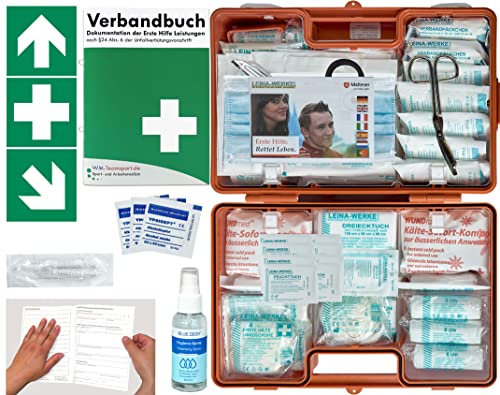 Verbandskoffer/Verbandskasten (G) Typ C -Paket 1- Erste Hilfe nach AKTUELLER DIN 13169 für Betriebe INKL. Verbandbuch + Hygiene-Gel & Folienaufkleber