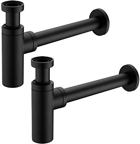 2er Set Siphon Schwarz Sifon Ablaufgarnitur mit Geruchsschutz Waschbecken Waschtisch Abfluss Syphon Messing