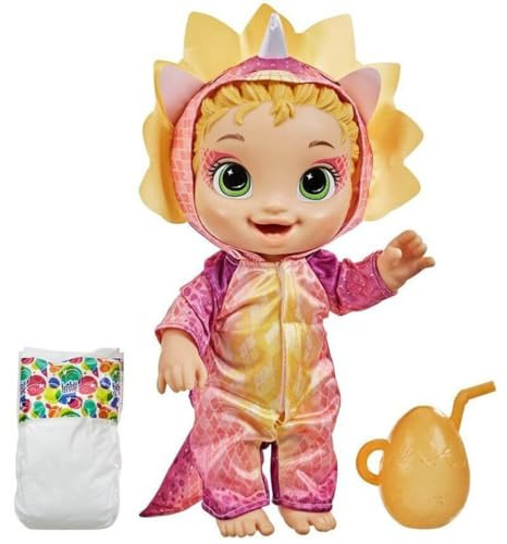 Baby Alive Dino Cuties Puppe, Triceratops, Puppenzubehör, Getränke, Nässe, Triceratops Dinosaurier-Spielzeug für Kinder ab 3 Jahren, Blondes Haar