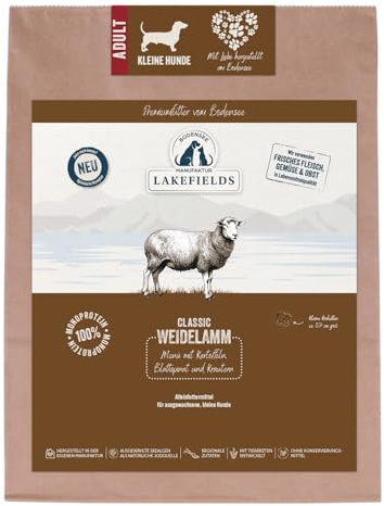 Lakefields Classic Hundefutter trocken | Lamm 60% | 1kg | Getreidefreies Trockenfutter für kleine Hunde | Extra kleine Kroketten | Lebensmittelqualität | Karotte, Äpfel & Spinat | Schonend gebacken