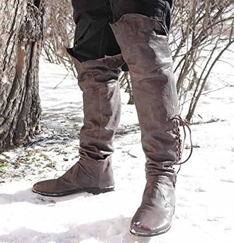 Mooke Retro Herren Piratenstiefel Mit Manschetten Mittelalter Hohe Stiefel Wikinger Cosplay Hohe Knie Schnürschuhe Renaissance Für Erwachsene Und Kinder,Braun,46