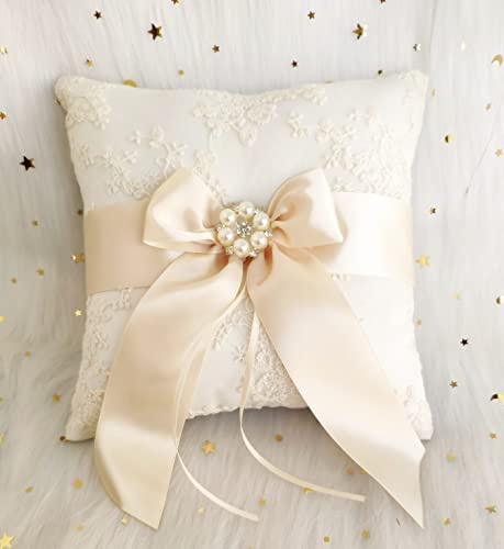 Uwedding Lace Pearl Wedding Ring Pillow Cushion Bearer 8.26 Inch with Beige Ribbon Bow Rhinestone Brooch Décor for Wedding Ceremony Vow Renewal Baby Shower Party Favor-Pillow