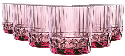 Bormioli Rocco America '20s Water Glasses - Vintage Art Deco Whisky Cocktail Tumblers - 370ml - Lilac Rose - Pack of 6