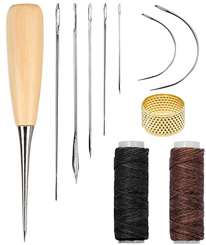 11Pcs Kit de Costura de Cuero, Aguja para Coser Cuero a Mano con Hilo Encerado, Agujas de Coser Cono de Costura Dedal Kit de Costura para Manualidades y Restauración de Cuero