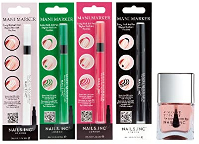Nails Inc Easy Nail Art Bundle Kit, Mulicolour, Enriched with Retinol, DIY Manicure Design, Quick Drying, Easy To Use, Salon Quality, Fine Tip, Top Coat, 5-Piece Nail Pen Set