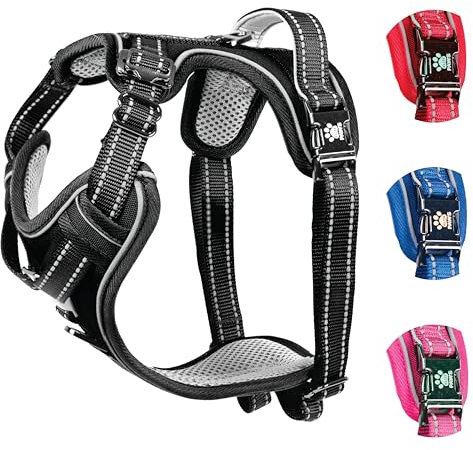 Elite Paws® UK: Premium Metal Buckle Dog Harness, Strong, Safe, Padded, Comfortable, Adjustable, Reflective, Front/Back Lead Attachments, Soft Handle, Pet Walking Vest/Training Product (Black, Medium)