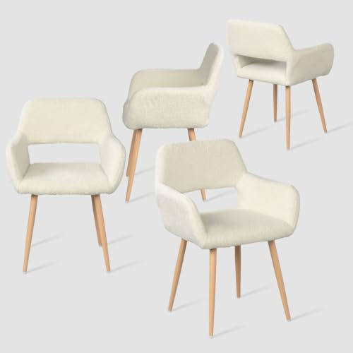 MEUBLE Cosy Esszimmerstühle 4er Set Küchenstühle Sessel Wohnzimmerstuhl Polsterstuhl mit Armlehne Rückenlehne Sitzfläche aus Sherpa Metallbeine, Skandinavisch, Weiß