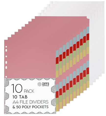 Ziffs Office® [10 Stück] A4 Akten-Trennblätter 10 Teile & 50 Polytaschen – Ordner-Trennblätter A4 – A4 Subject Dividers Card Dividers – Britische Marke