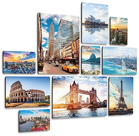 Giallobus - Satz von 10 mehrteiligen Gemälden - Berühmte Städte - MDF-Holz - | 2 x 42x29,7cm | 4 x 29,7x21cm | 4 x 21x14,85cm | - Fertig zum Aufhängen – Gemälde für zu Hause
