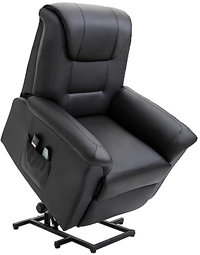 HOMCOM Fernsehsessel mit Aufstehhilfe Elektrisch Relaxsessel mit Liegefunktion, Heiz- und Massagefunktion, Massagesessel TV-Sessel mit Seitentasche und Fernbedienung, Kunstleder, Schwarz