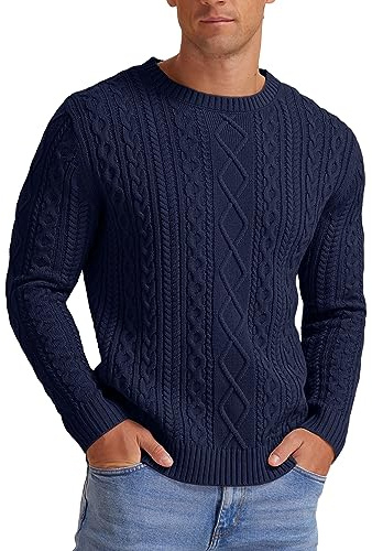 Hisir Men's Cable Knit Jumpers Winter Casual Crew Neck Thick Warm Long Sleeve Sweater Pullover Tops for Men UK