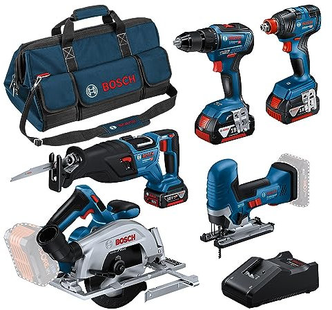 Bosch Professional 18V System Combo Kit: GSR 18V-55 + GST 18V-125 S + GKS 18V-57-2 + GSA 18V-28 + GDX 18V-200 (inkl. 3x 4.0Ah Akku, Schnellladegerät GAL 18V-40, Werkzeugtasche)