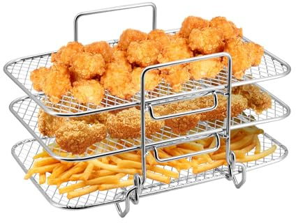 CheurYae Stackable Air Fryer Rack for Ninja Dual Air Fryers, 3-Layer Stainless Steel Dehydrator Racks Air Fryer Accessories Rack for Ninja Oven Microwave Baking Roasting
