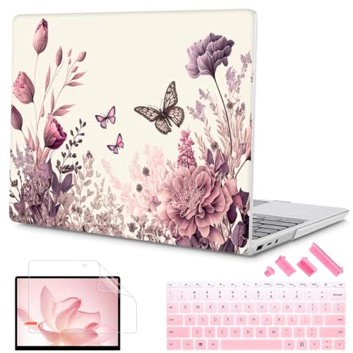 Mektron 2023 Microsoft Surface Laptop GO 3 Case 12.4 Compatible with Go 2/1 Laptop Cover 2022-2020 Releases Model 1943/2019 Plastic Hard Shell Case with Screen Protector, Butterfly Flower C074