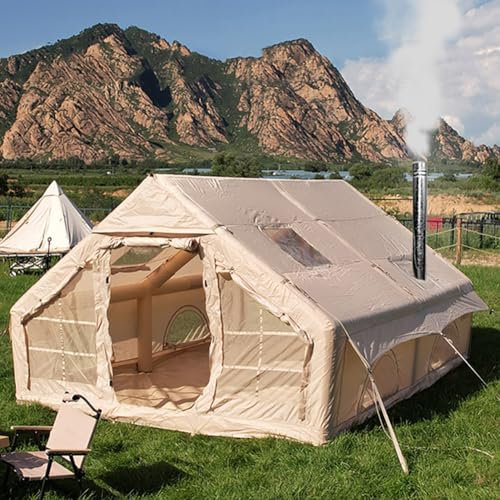 Sport Tent 4-6 Persons Inflatable Tent with Stove Jack Hole and Pump,4 Season 3000mm Waterproof Windproof Large Air Tent Pop-Up Tents,Easy Set up
