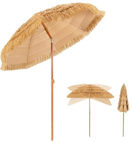 DREAMADE Parasol de Paille Inclinable, Parapluie de Plage Pliable 200cm pour Bloquer le Soleil, Parasol de Jardin Extérieur pour Plage, Jardin, Terrasse